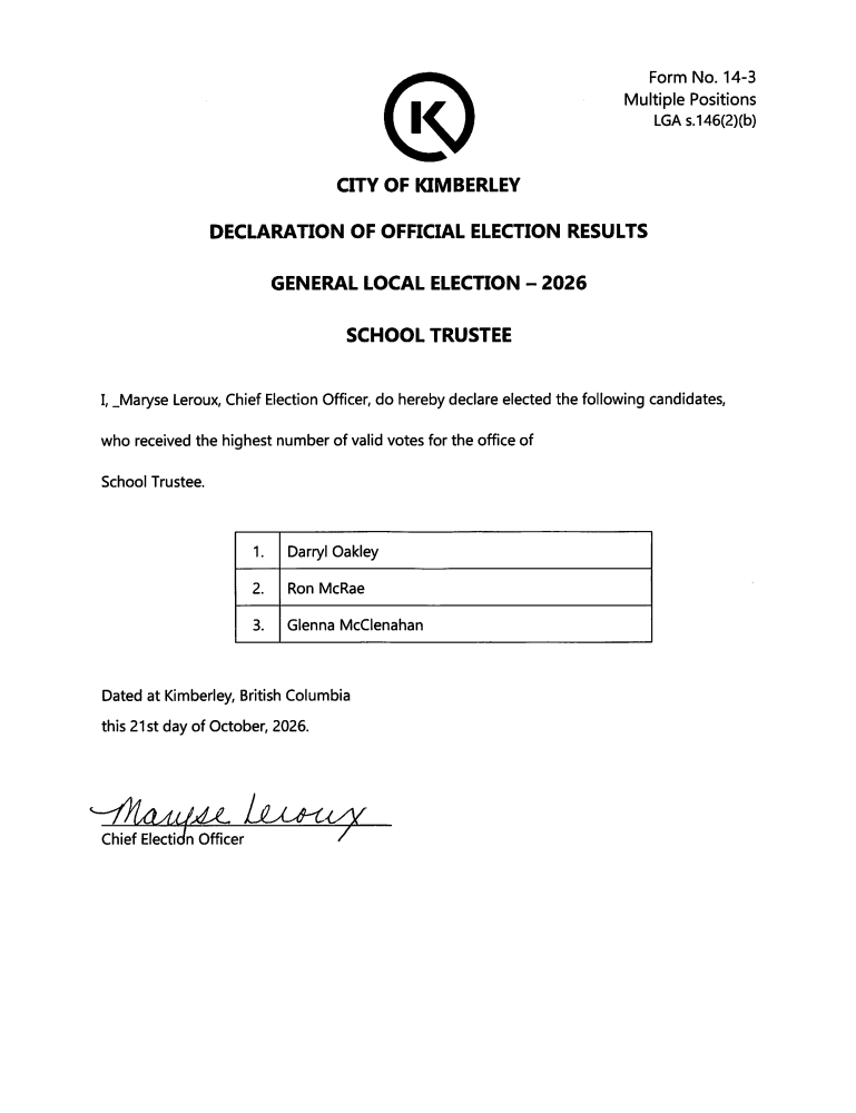 An official statement of results